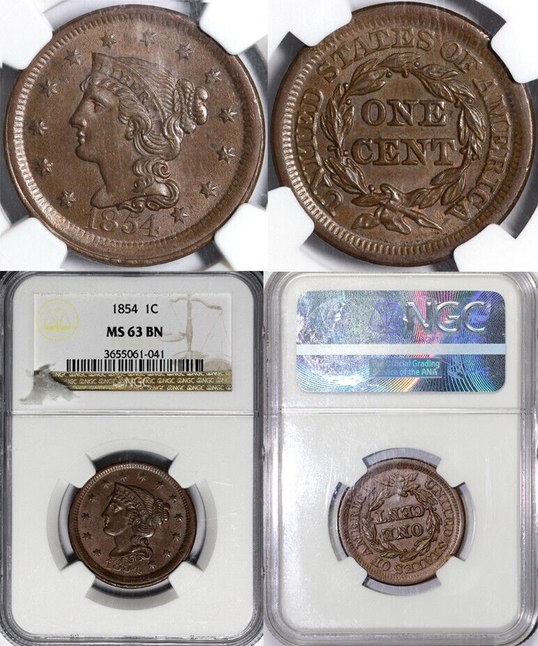 1854 1c N-11 Braided Hair Large Cent NGC MS 63 BN