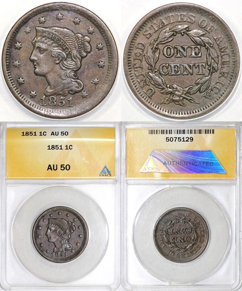 1851 1c N-14 Braided Hair Large Cent ANACS AU 50