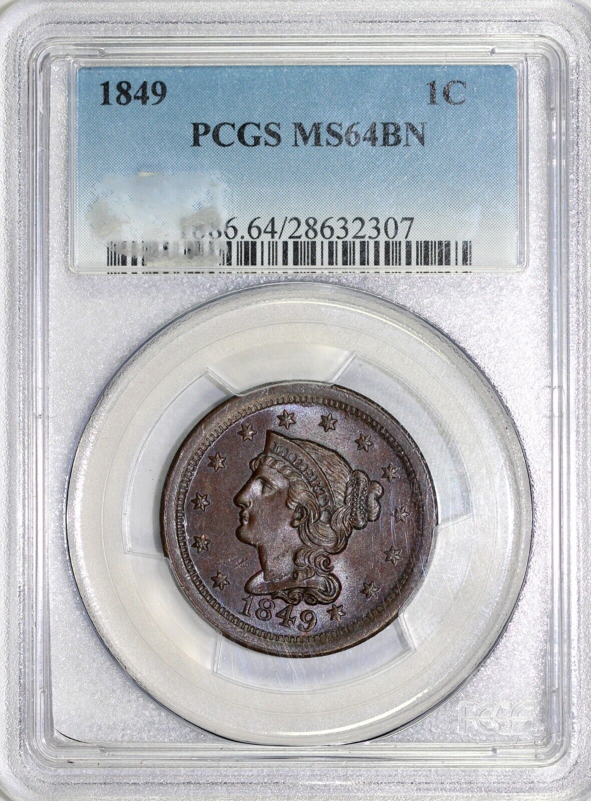 1849 1c Braided Hair Large Cent PCGS MS 64 BN