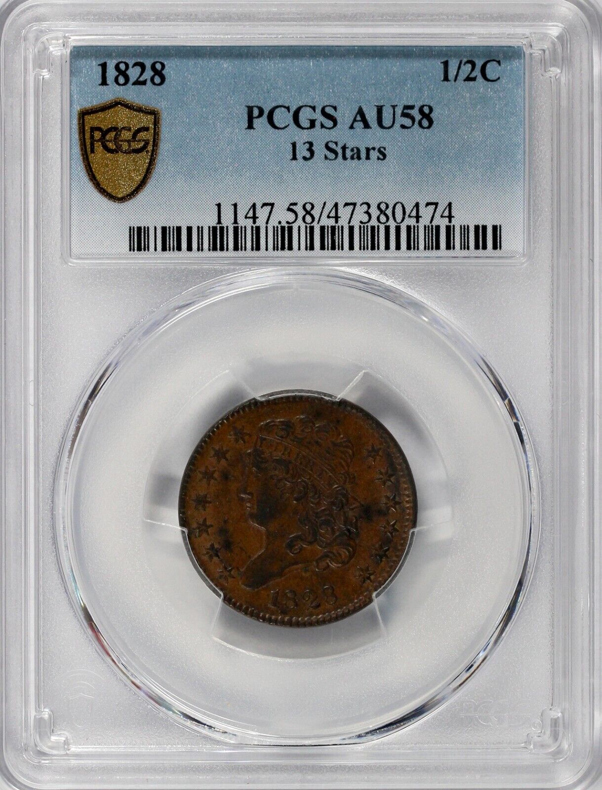 1828 1/2c 13 Stars Classic Head Half Cent PCGS AU 58