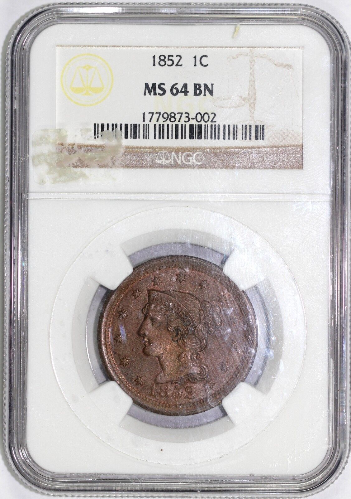 1852 1c N-13 Braided Hair Large Cent NGC MS 64 BN