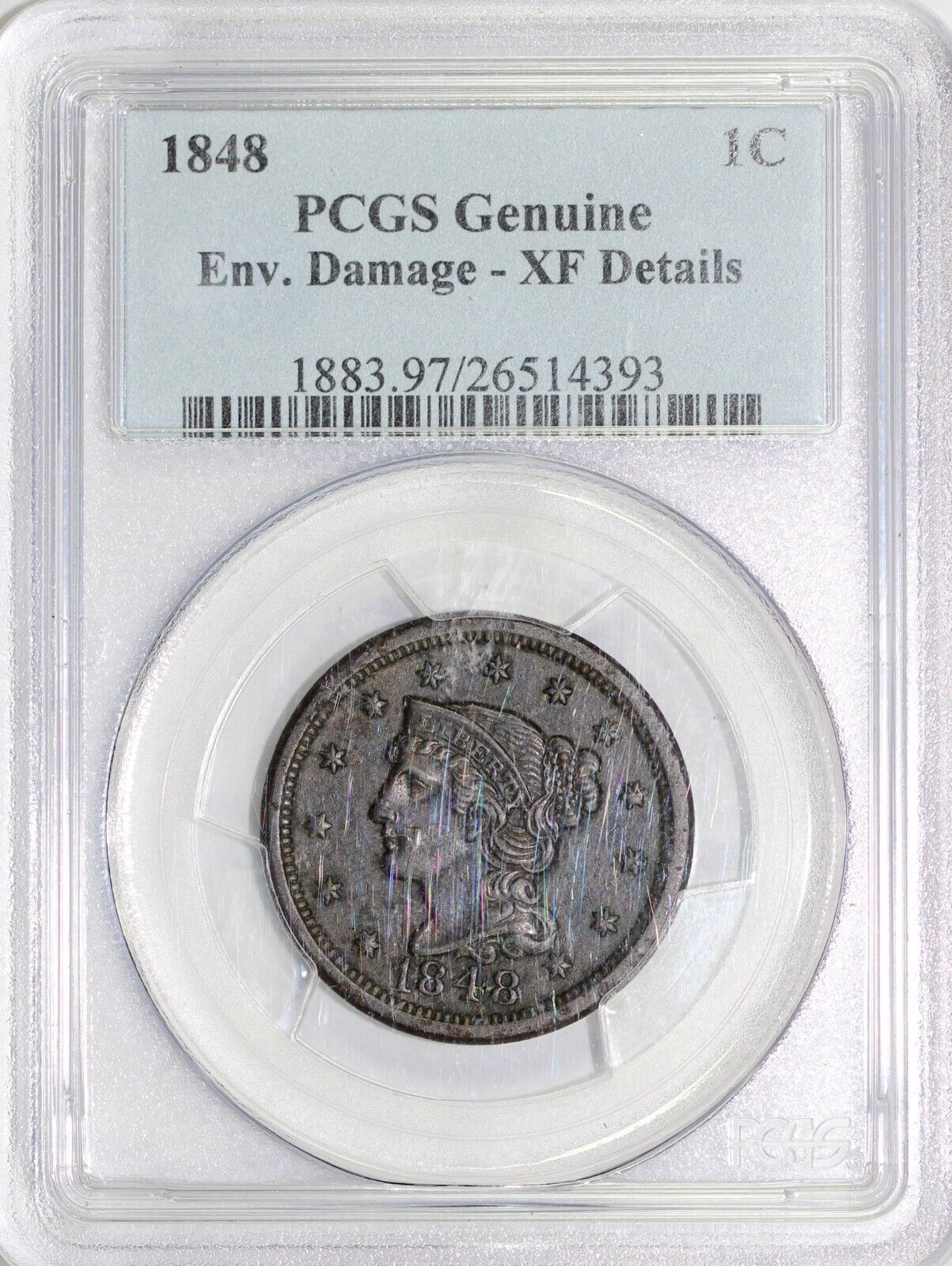 1848 1c N-38 Braided Hair Large Cent PCGS XF Details Env. Damage