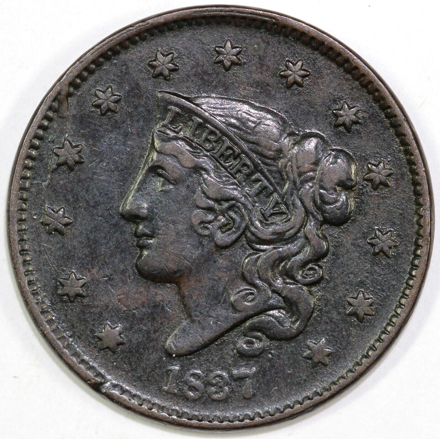 1837 1c N-2 Coronet or Matron Head Large Cent *Plain Hair Plain Cords*