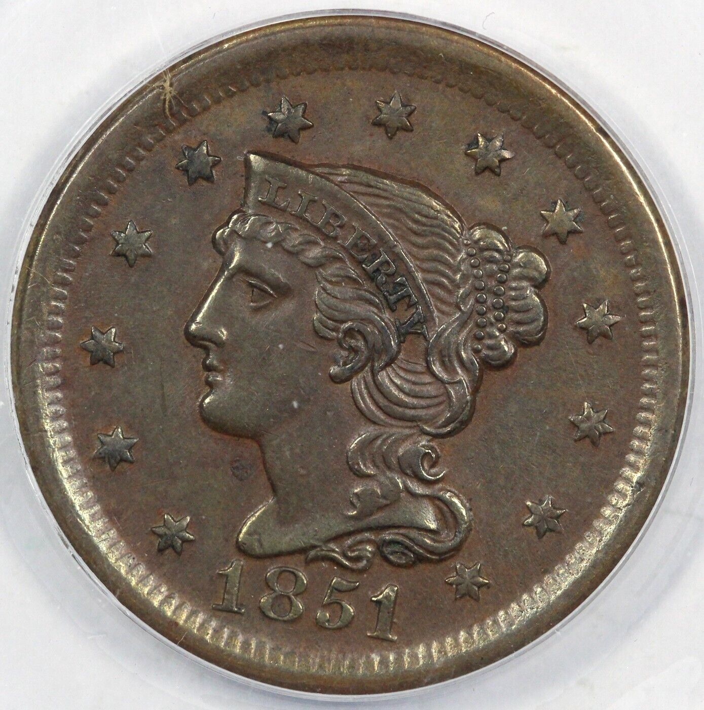 1851 1c N-3 Braided Hair Large Cent ANACS AU 50 Details Cleaned