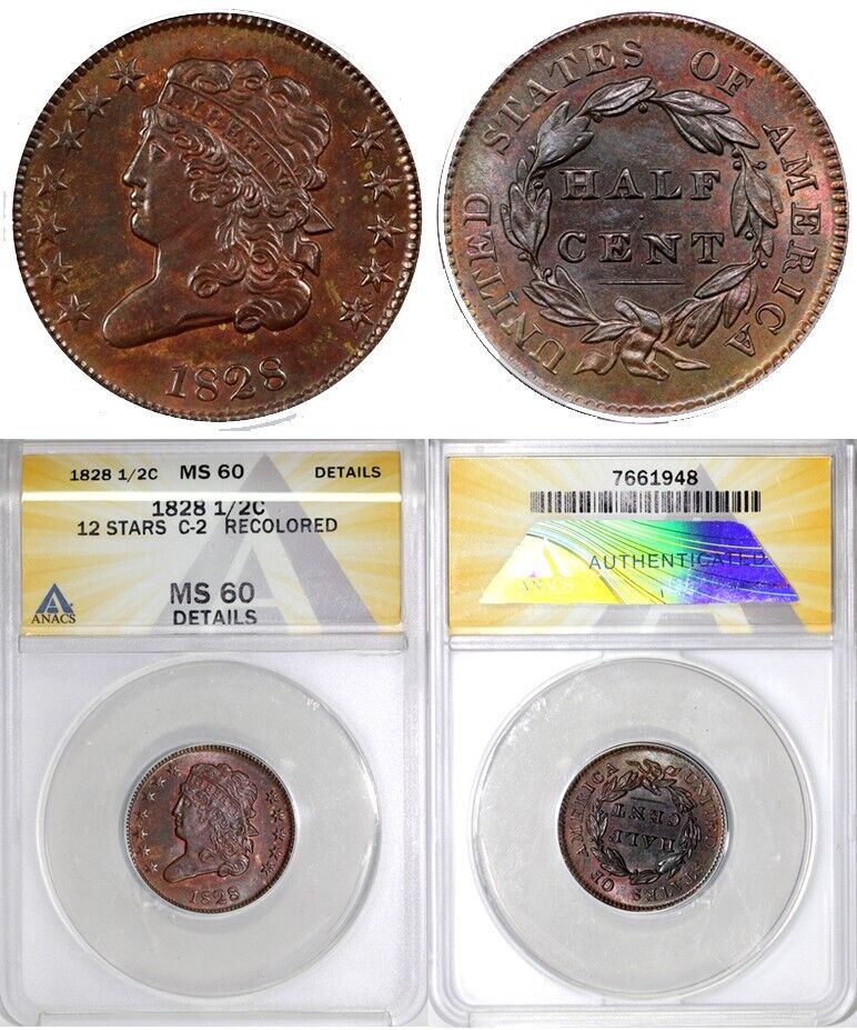 1828 1/2c C-2 12 Stars Classic Head Half Cent ANACS MS 60 Details Recolored