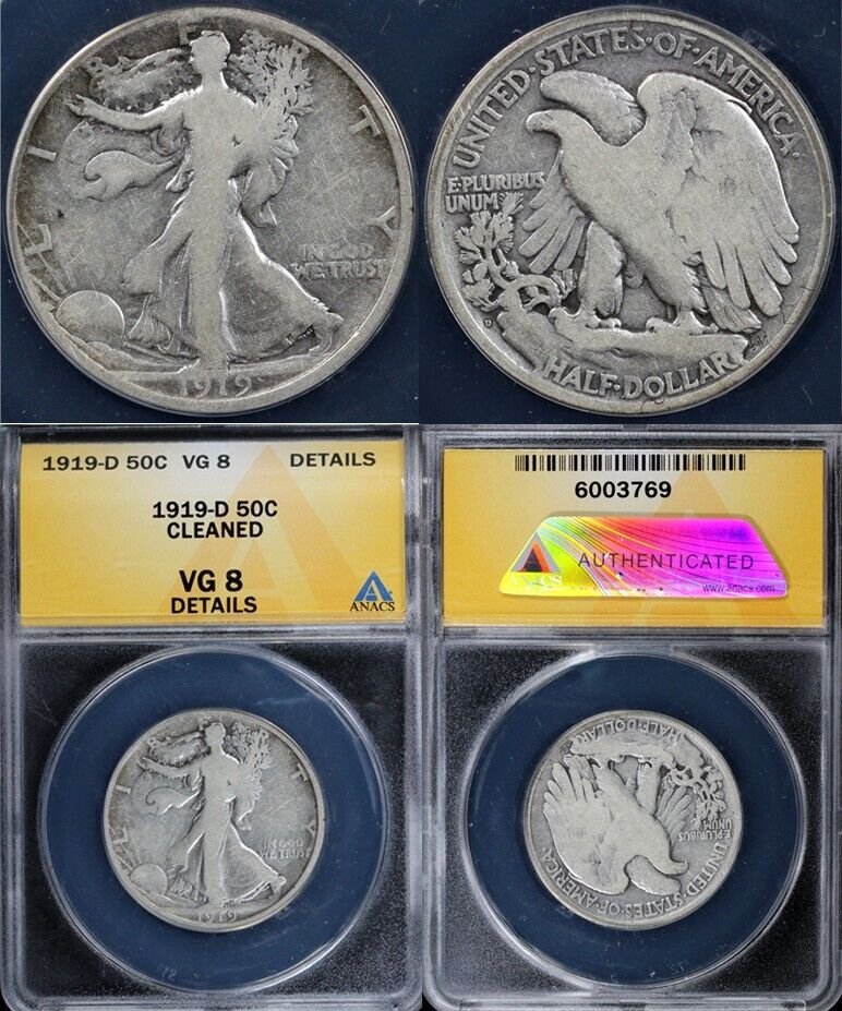 1919-D 50c Walking Liberty Half Dollar ANACS VG Details Cleaned