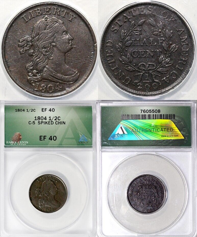 1804 1/2c C-5 Spiked Chin Draped Bust Half Cent ANACS EF 40
