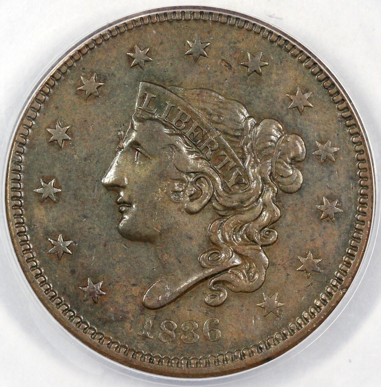 1836 1c N-7 Coronet or Matron Head Large Cent ANACS EF 40