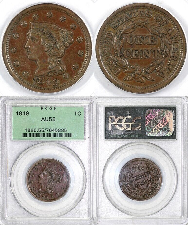 1849 1c N-21 Braided Hair Large Cent PCGS AU 55