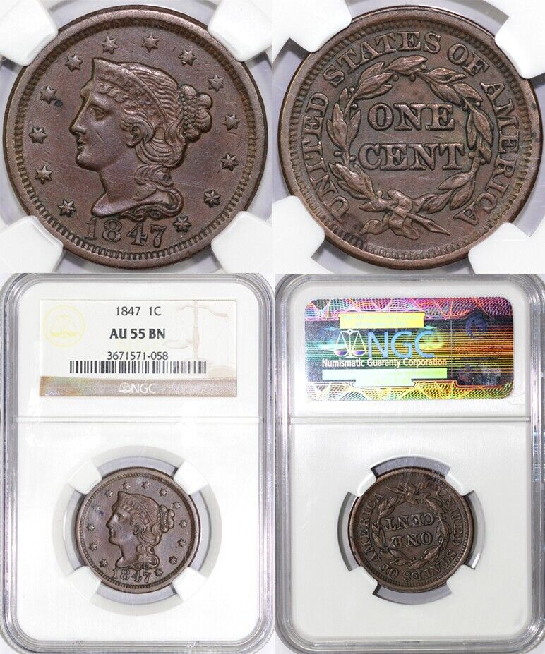 1847 1c N-30 Braided Hair Large Cent NGC AU 55