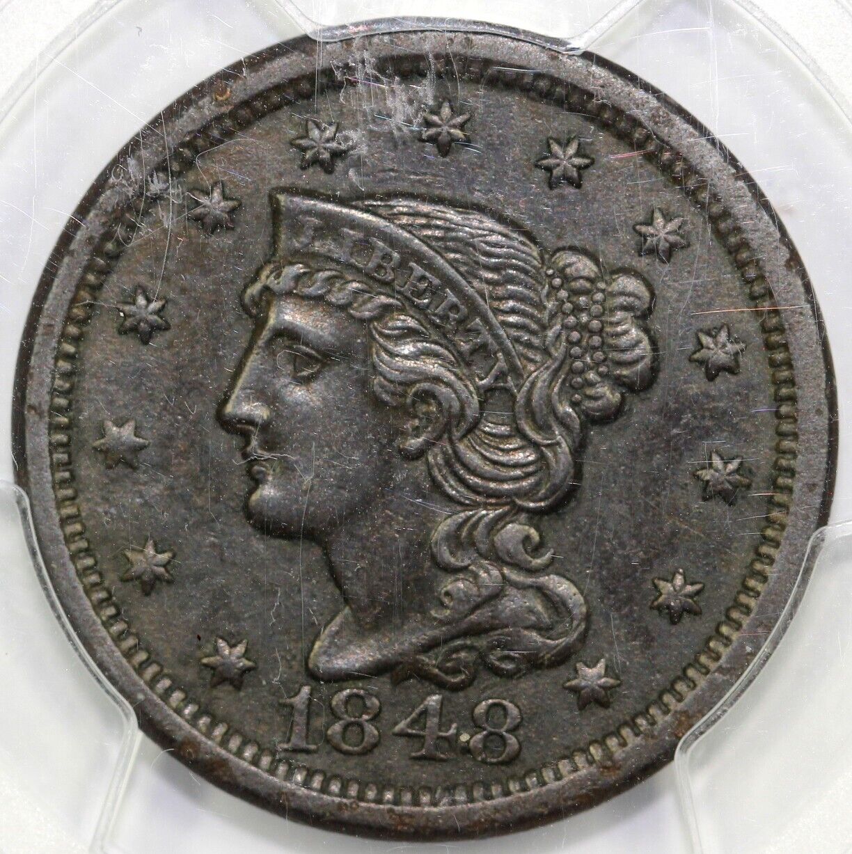 1848 1c N-38 Braided Hair Large Cent PCGS XF Details Env. Damage