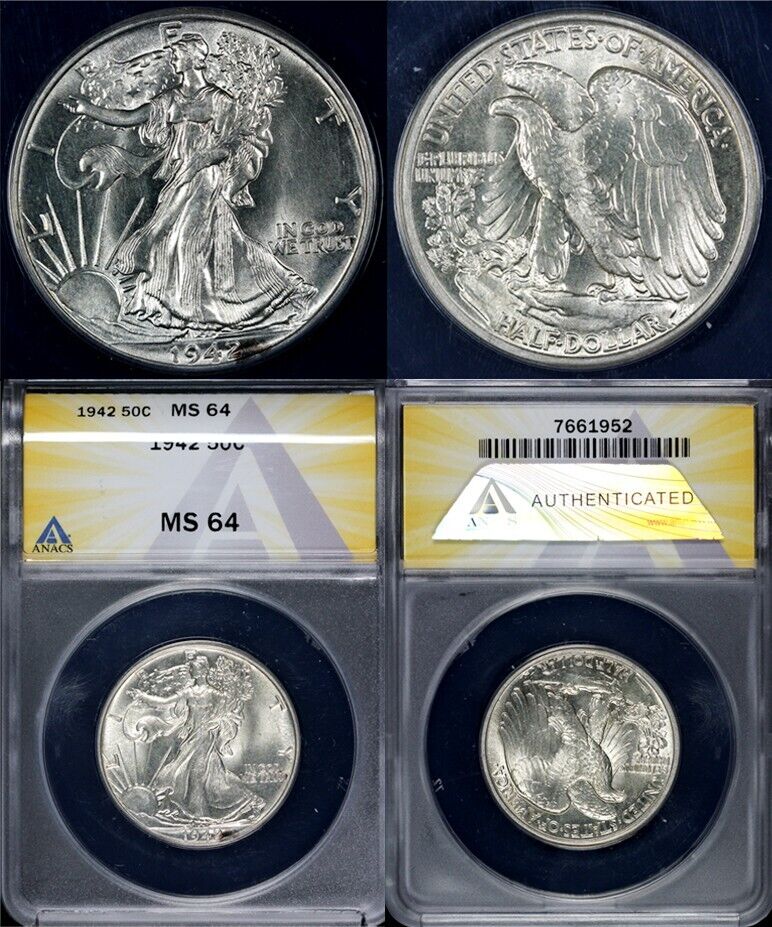 1942 50c Walking Liberty Half Dollar ANACS MS 64