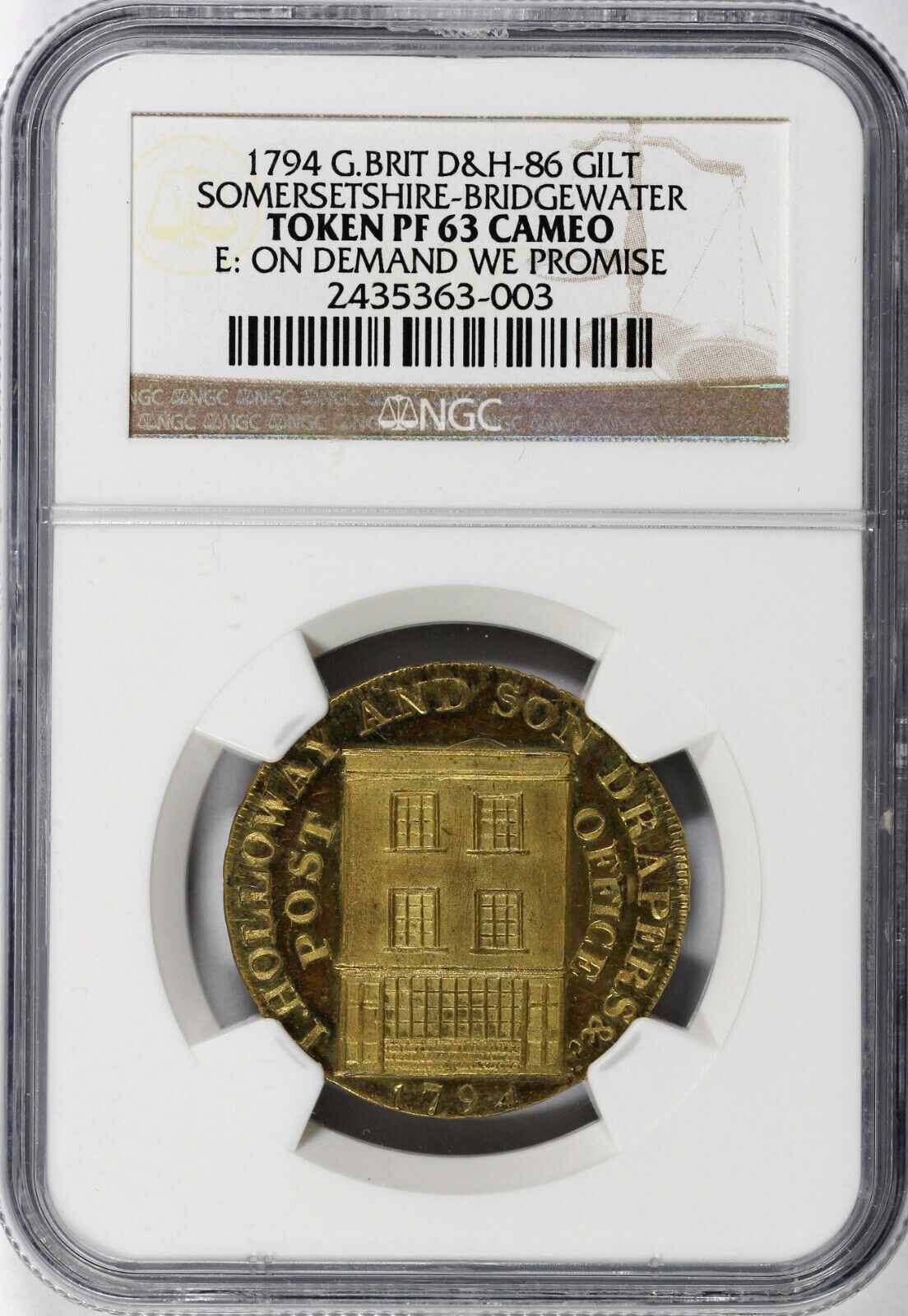 1794 1/2c Proof D&H-86 Gilt Somersetshire-Bridgewater Conder Token NGC PF63 CAM