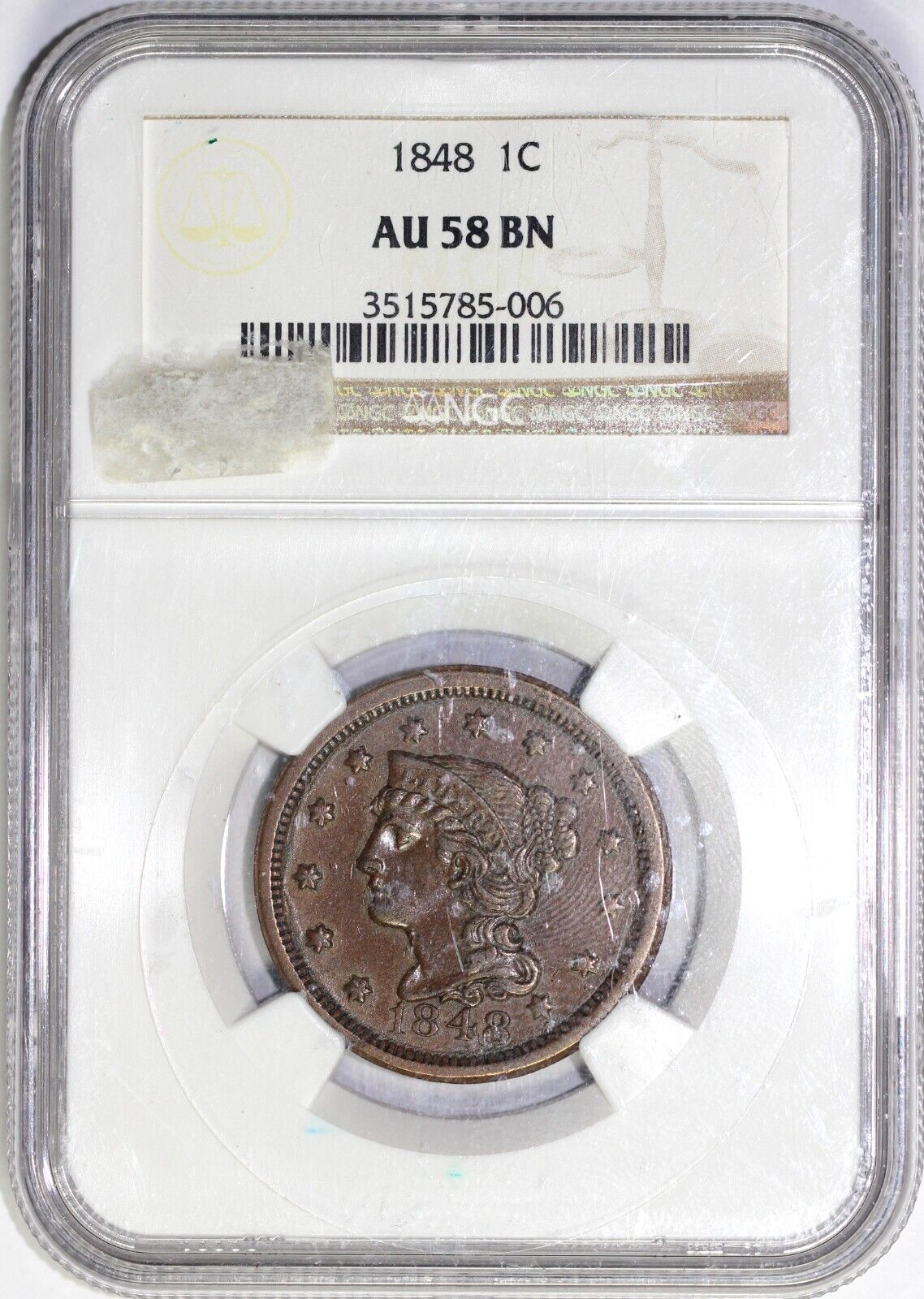 1848 1c N-25 Braided Hair Large Cent NGC AU 58