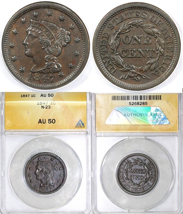 1847 1c N-23 Braided Hair Large Cent ANACS AU 50