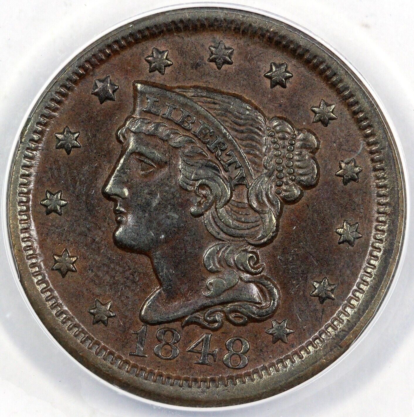 1848 1c N-41 Braided Hair Large Cent ANACS AU 50