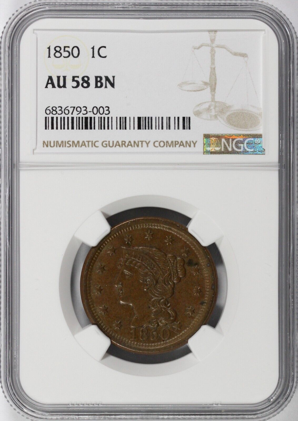 1850 1c N-2 Braided Hair Large Cent NGC AU 58