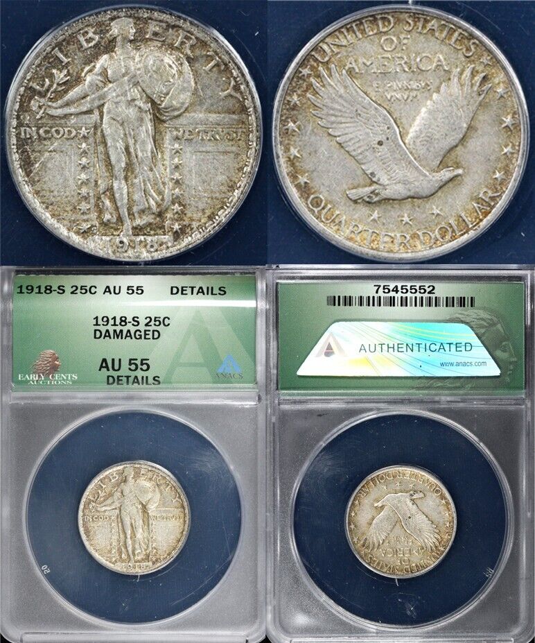 1918-S 25c Standing Liberty Quarter ANACS AU 55 Details Damaged