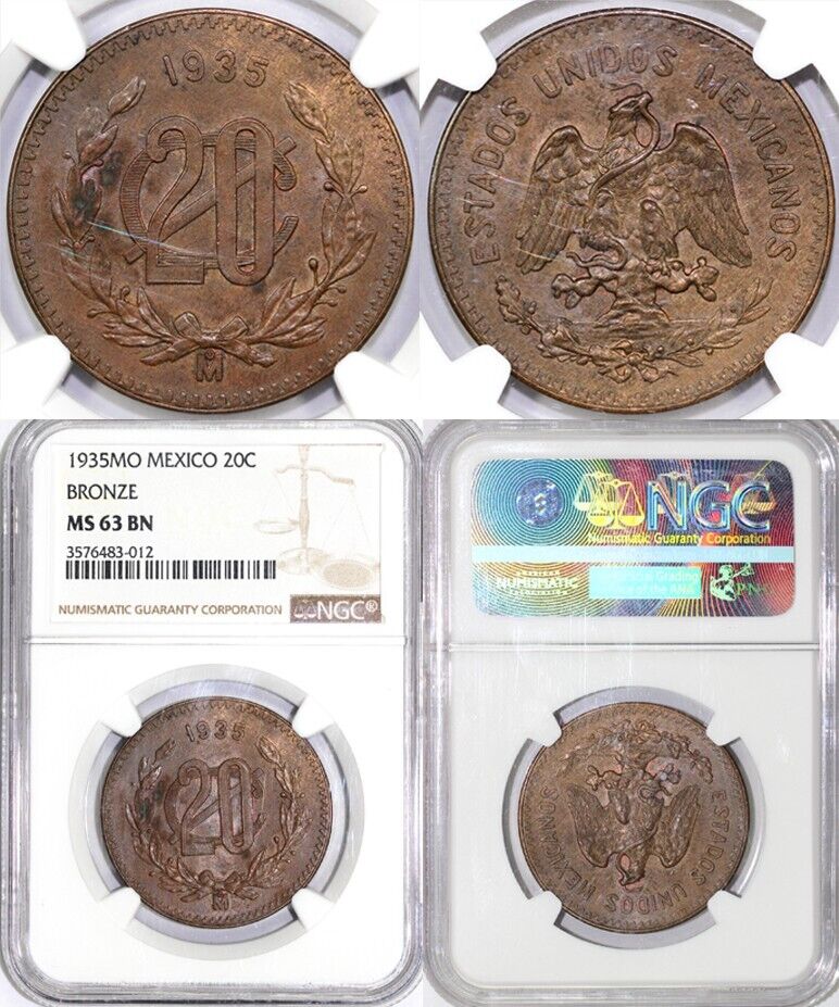 1935 20c Mexico Twenty Centavos NGC MS 63 BN