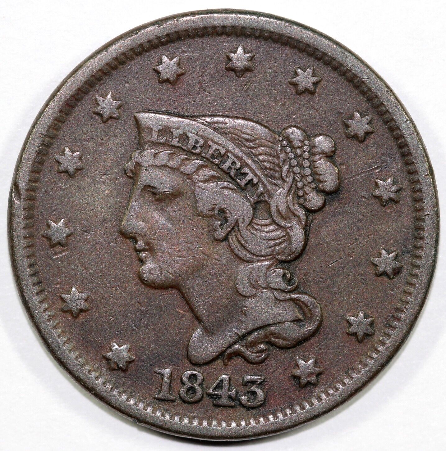 1843 1c Braided Hair Large Cent
