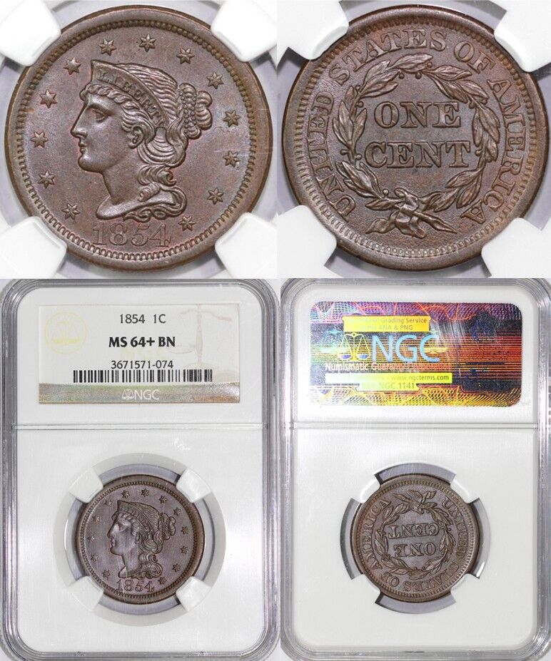 1854 1c N-6 Braided Hair Large Cent NGC MS 64+