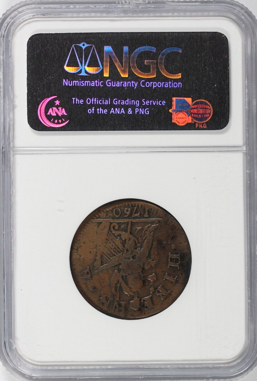 1760 1/2p No P, VOOE, Hibernia Voce Populi Colonial Half Penny NGC VF 20
