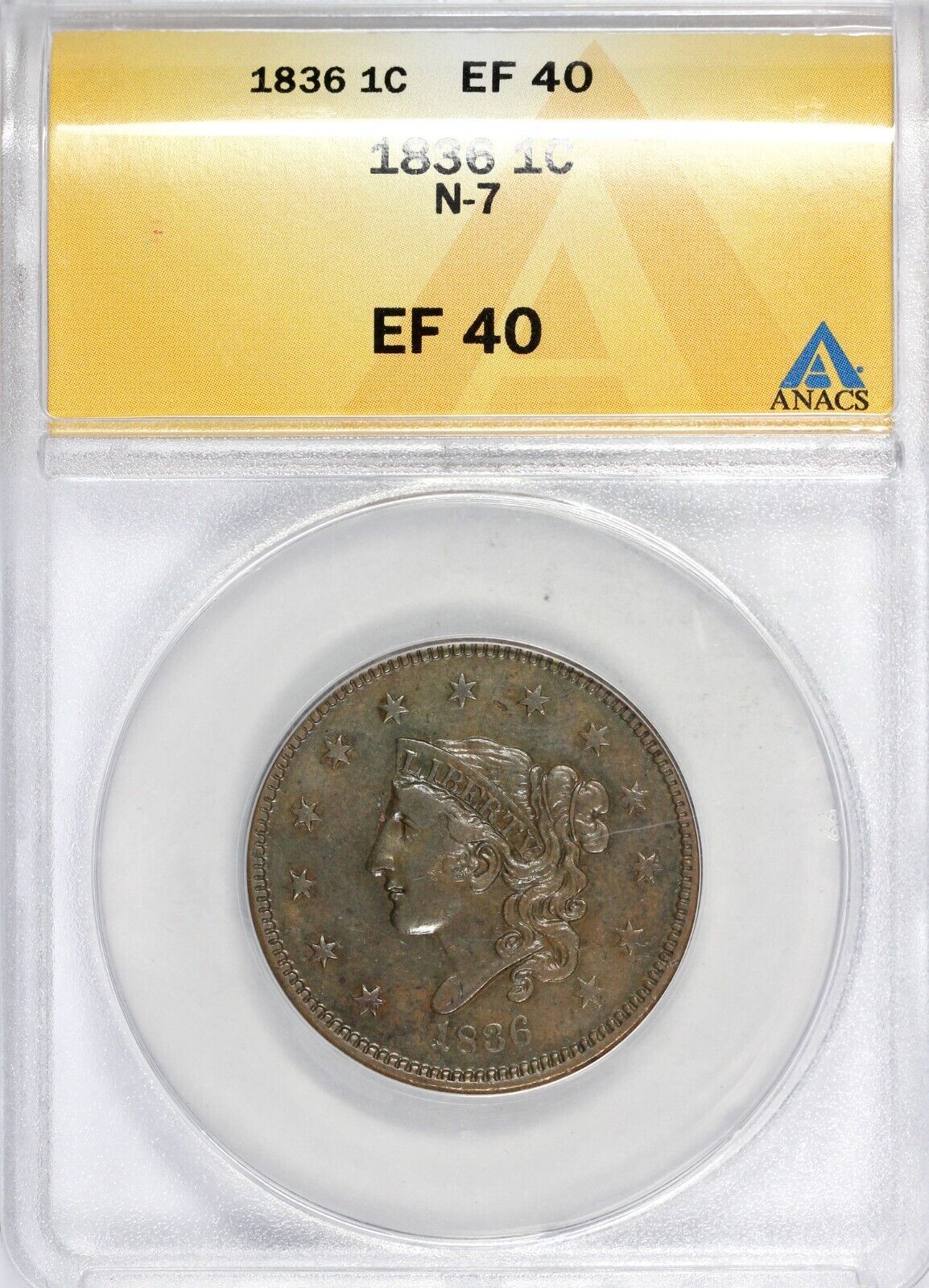 1836 1c N-7 Coronet or Matron Head Large Cent ANACS EF 40