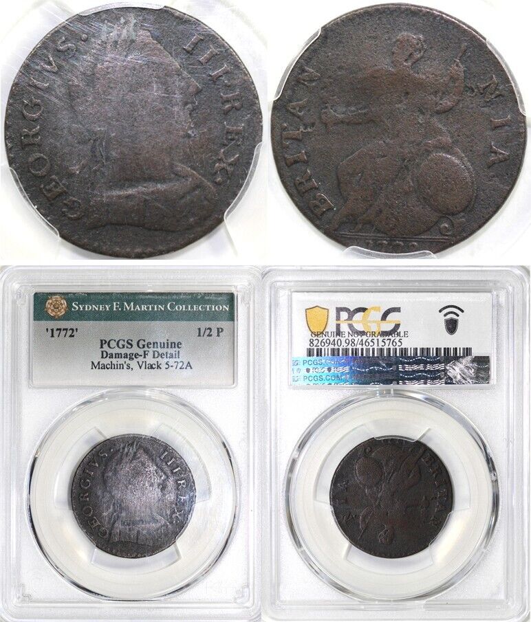 1772 1/2p Vlack 5-72a Machin's Mills Colonial Copper PCGS F Detail EX; Martin