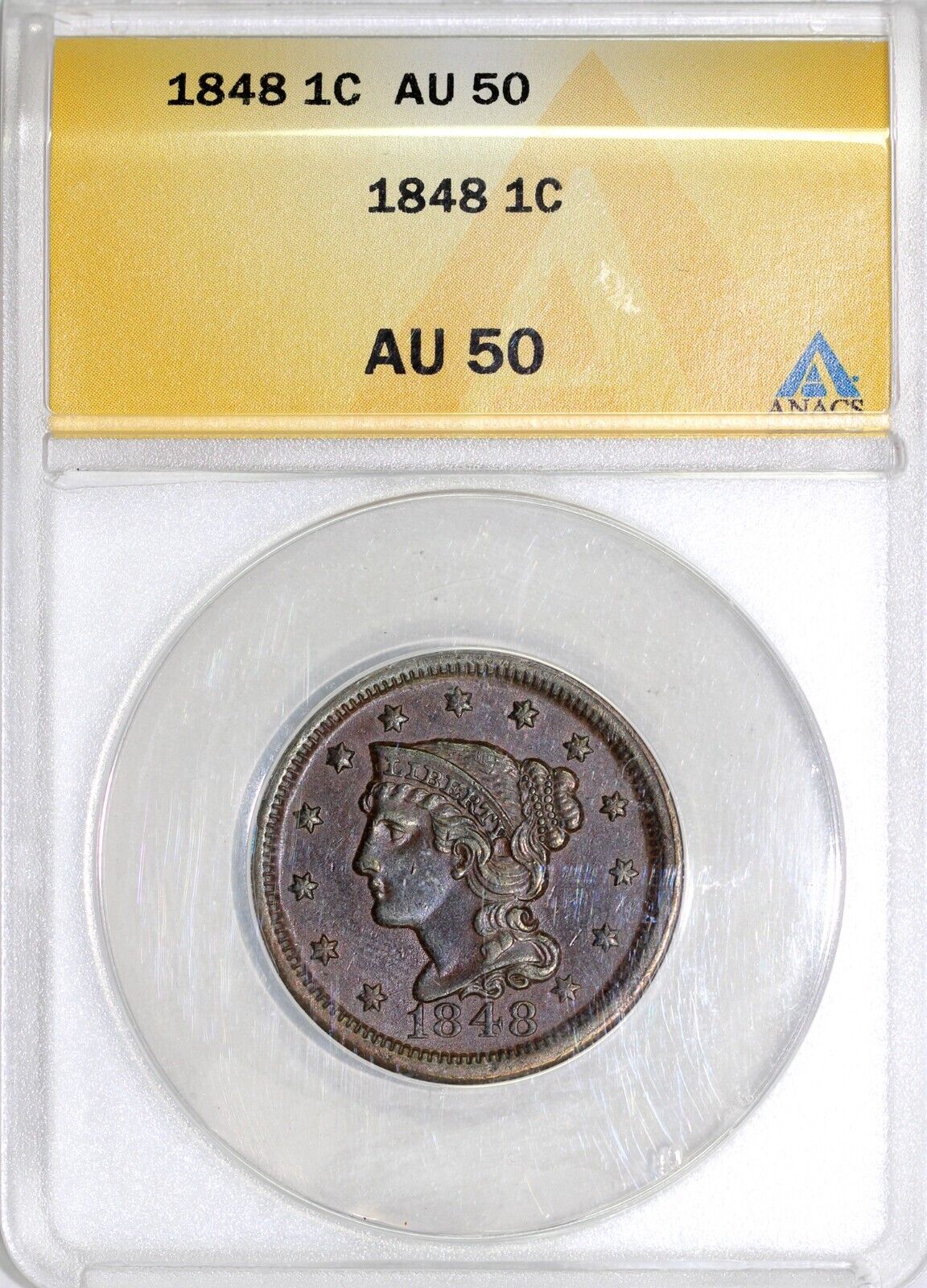 1848 1c N-41 Braided Hair Large Cent ANACS AU 50