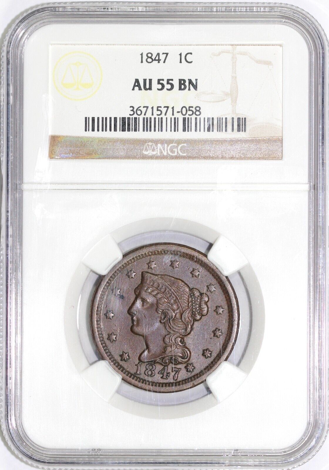 1847 1c N-30 Braided Hair Large Cent NGC AU 55