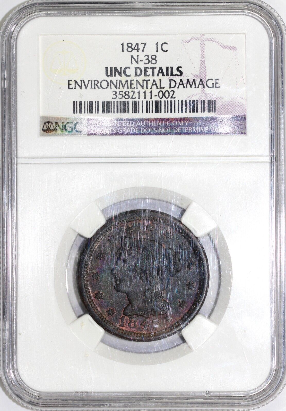 1847 1c N-38 Braided Hair Large Cent NGC UNC Details ENV. Damage