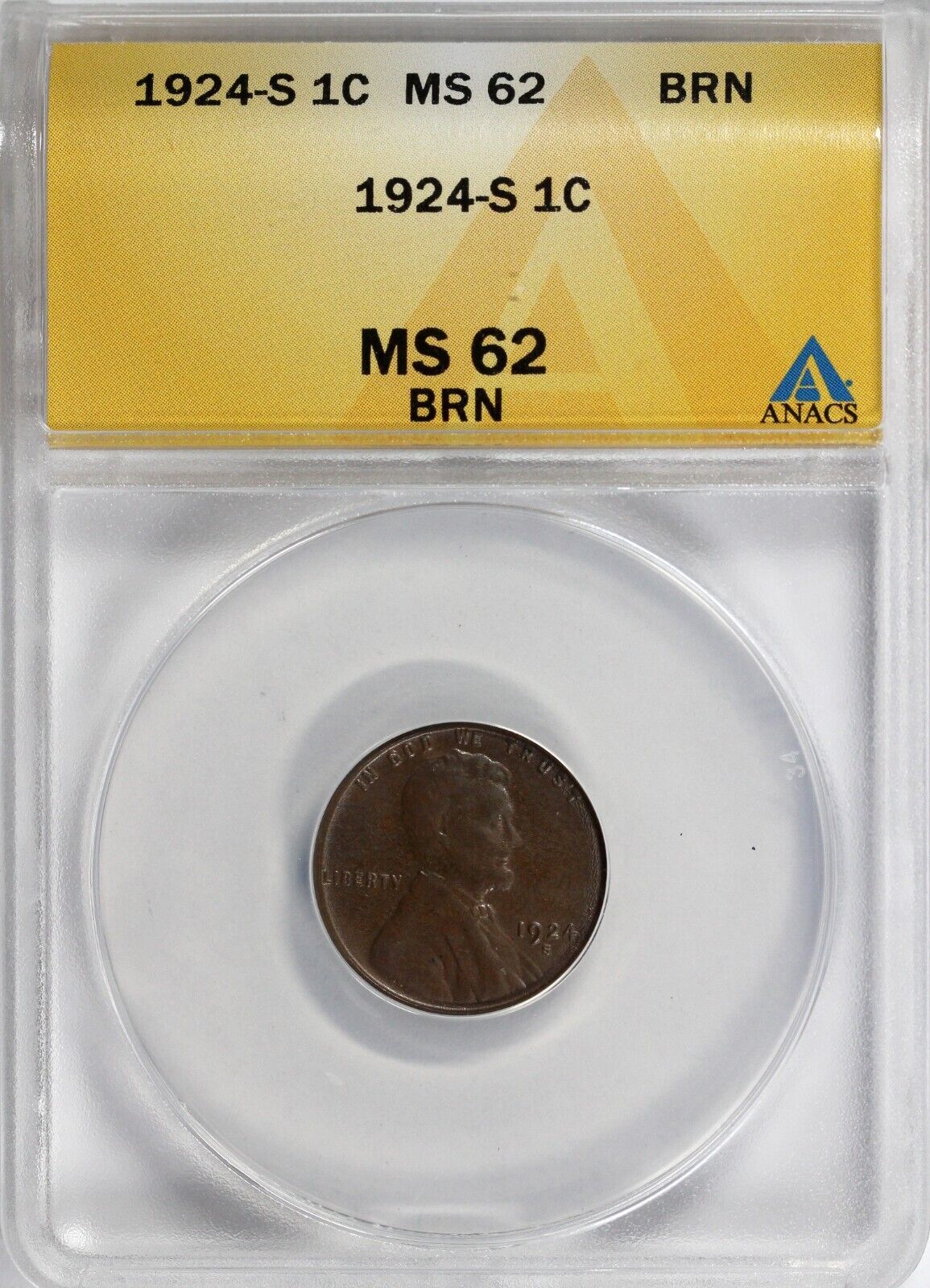 1924-S 1c Lincoln Cent ANACS MS 62