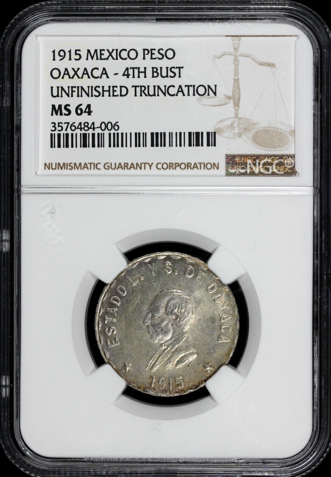 1915 Mexico Oaxaca Peso 4th Bust Unfinished Truncation NGC MS 64