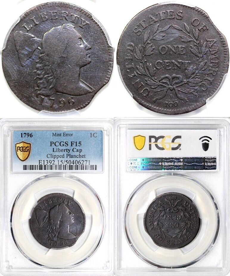 1796 1c Mint Error Clipped Planchet Liberty Cap Large Cent PCGS F 15