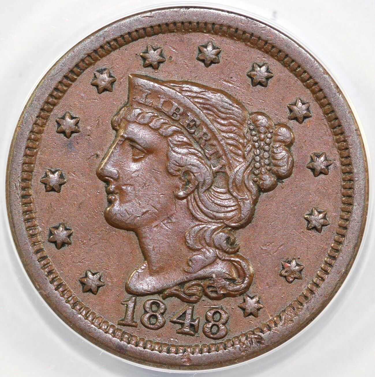 1848 1c N-8 Braided Hair Large Cent ANACS EF 40