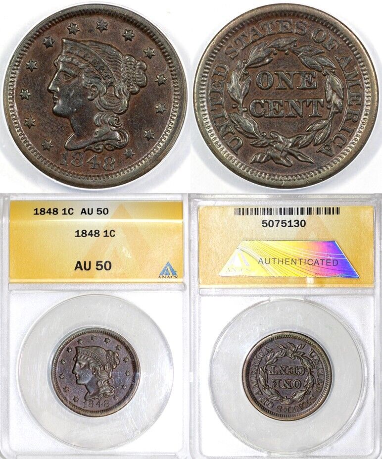 1848 1c N-41 Braided Hair Large Cent ANACS AU 50