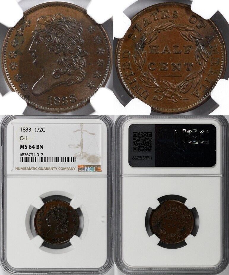 1833 1/2c C-1 Classic Head Half Cent NGC MS 64 BN