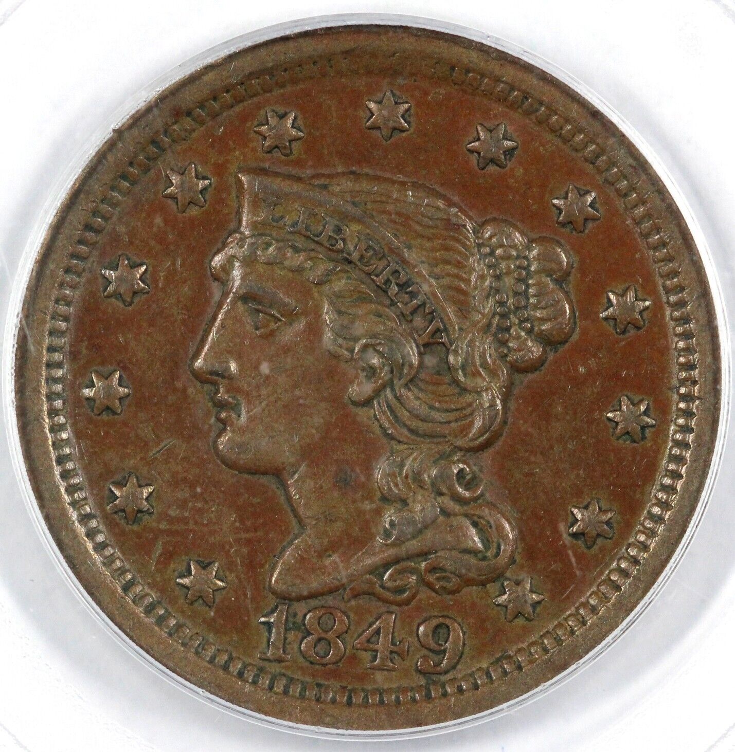 1849 1c N-21 Braided Hair Large Cent PCGS AU 55