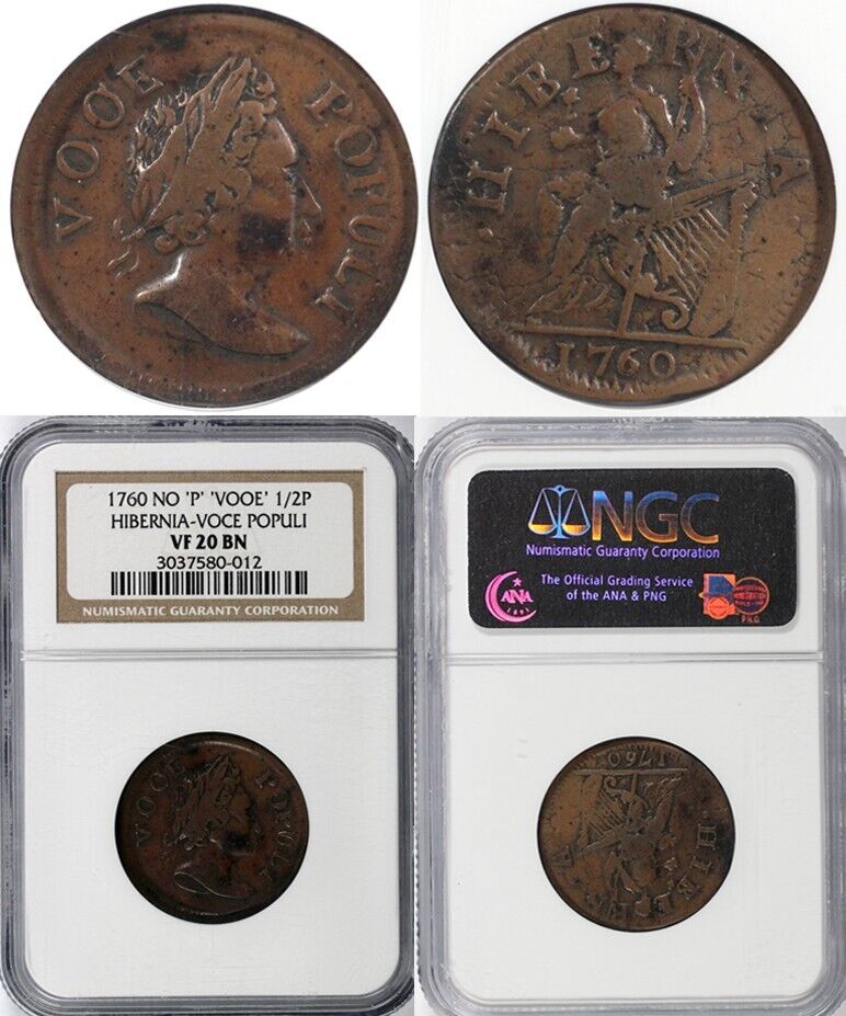 1760 1/2p No P, VOOE, Hibernia Voce Populi Colonial Half Penny NGC VF 20