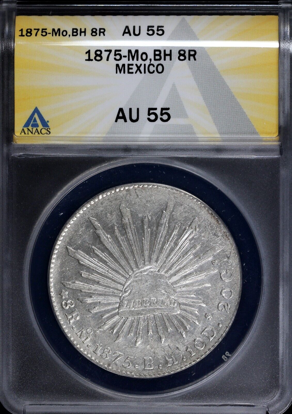 1875-Mo,BH 8r Mexico 8 Reales ANACS AU 55
