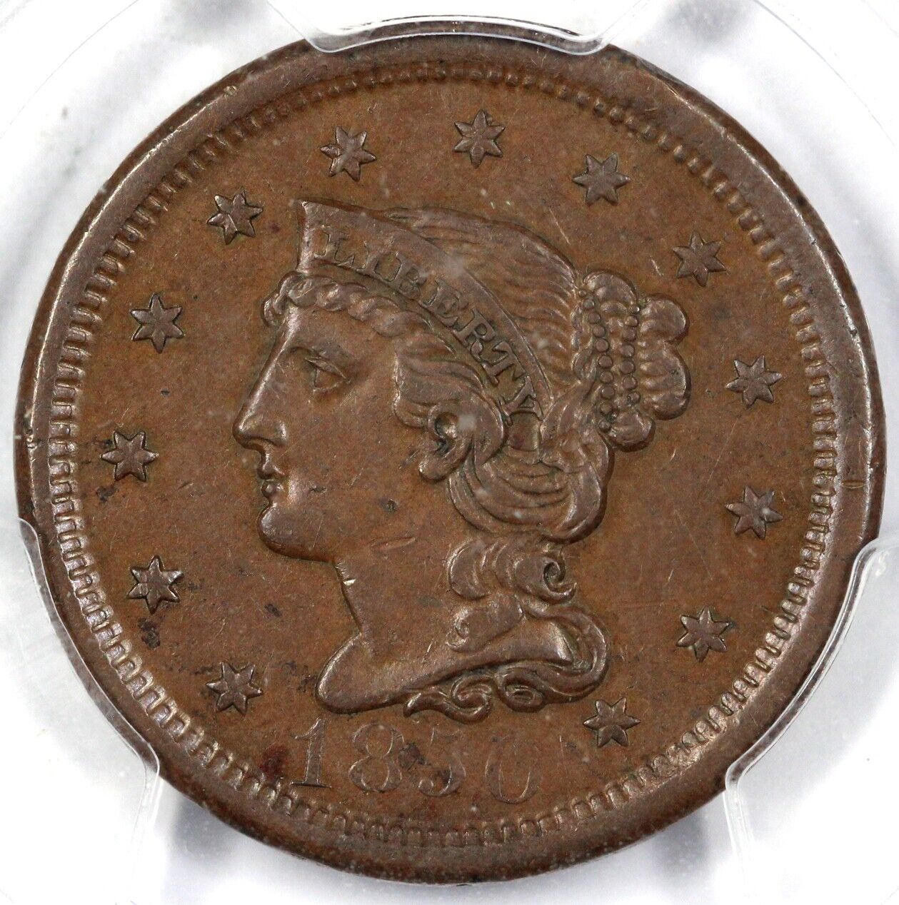 1850 1c N-24 Braided Hair Large Cent PCGS AU 50