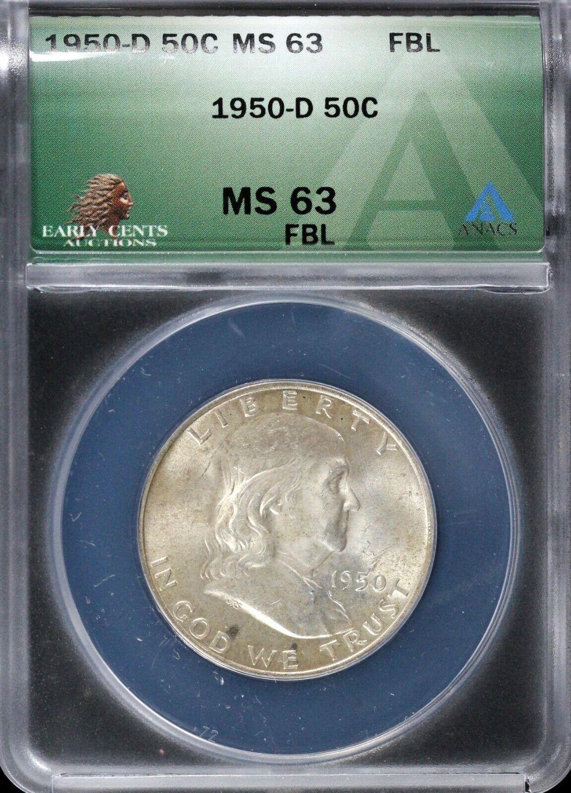 1950-D 50c Full Bell Lines Franklin Half Dollar ANACS MS 63 FBL