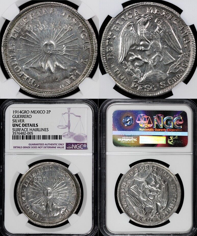 1914-Gro Mexico Guerrero Silver 2 Peso NGC UNC Details Hairlines