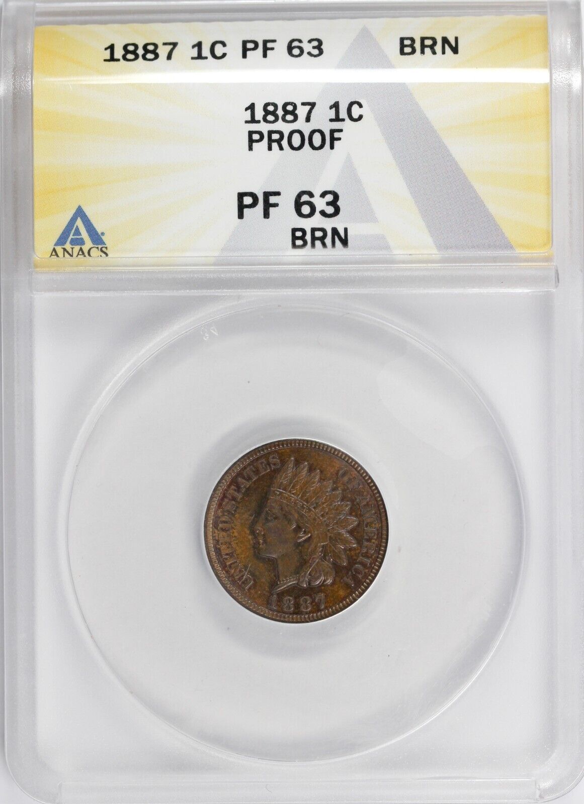 1887 1c Proof Indian Head Cent ANACS PR 63 BN