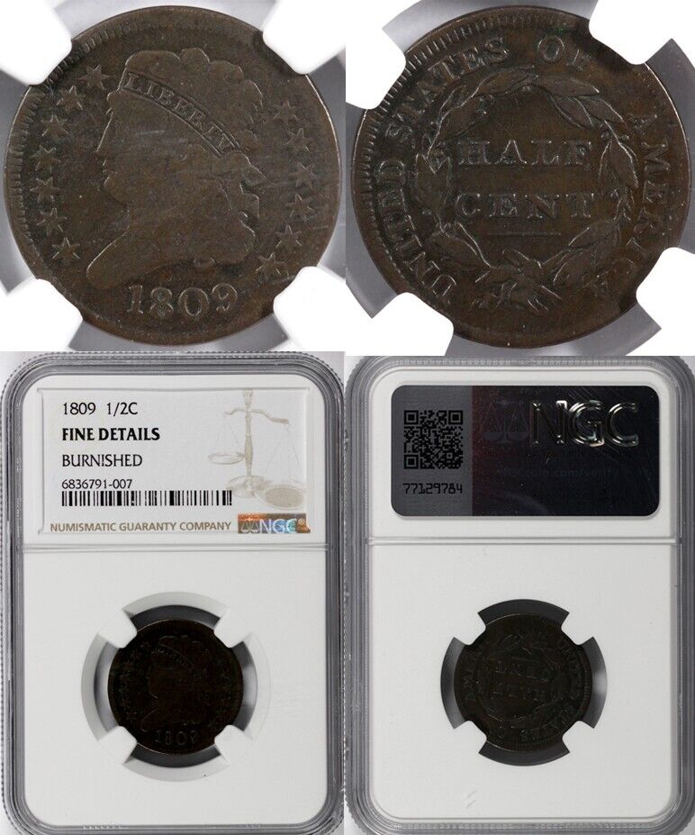 1809 1/2c Classic Head Half Cent NGC Fine Details Burnished