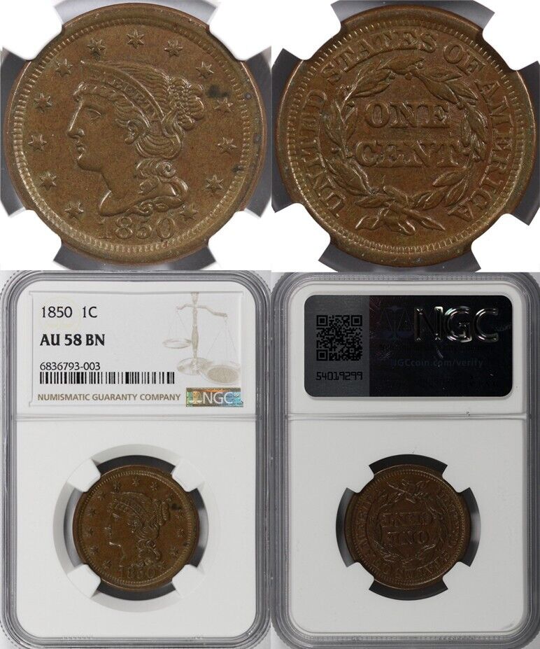 1850 1c N-2 Braided Hair Large Cent NGC AU 58