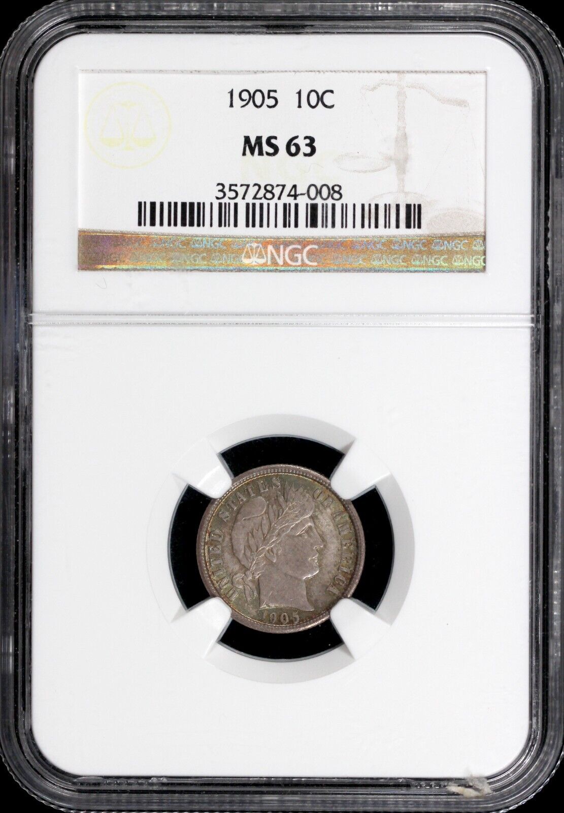 1905 10c Barber Dime NGC MS 63