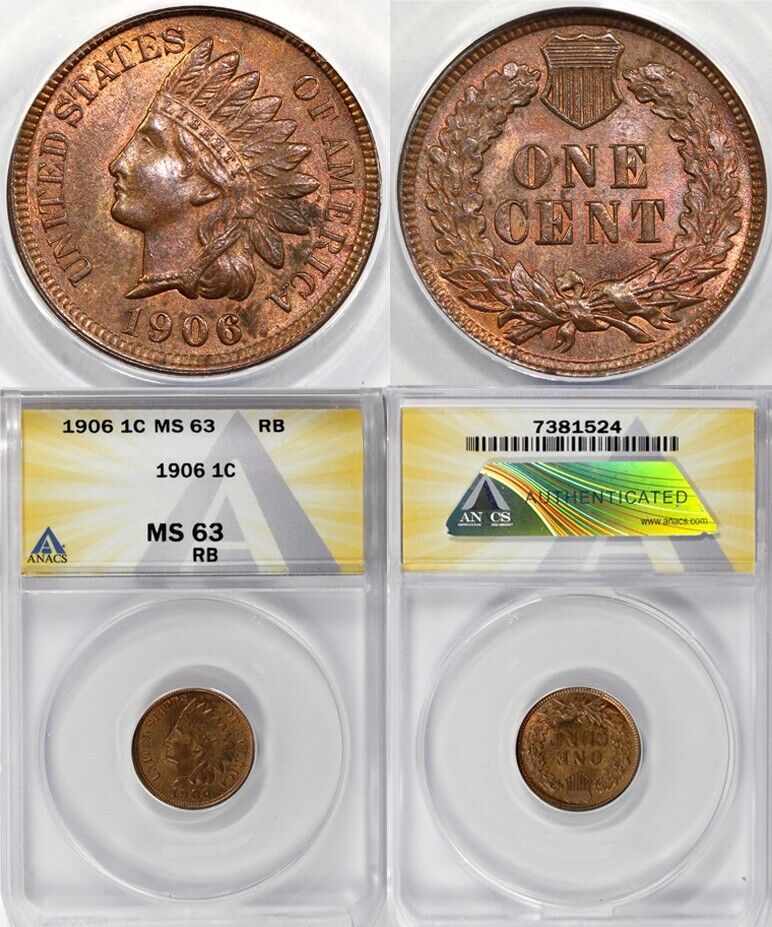 1906 1c Indian Head Cent ANACS MS 63 RB