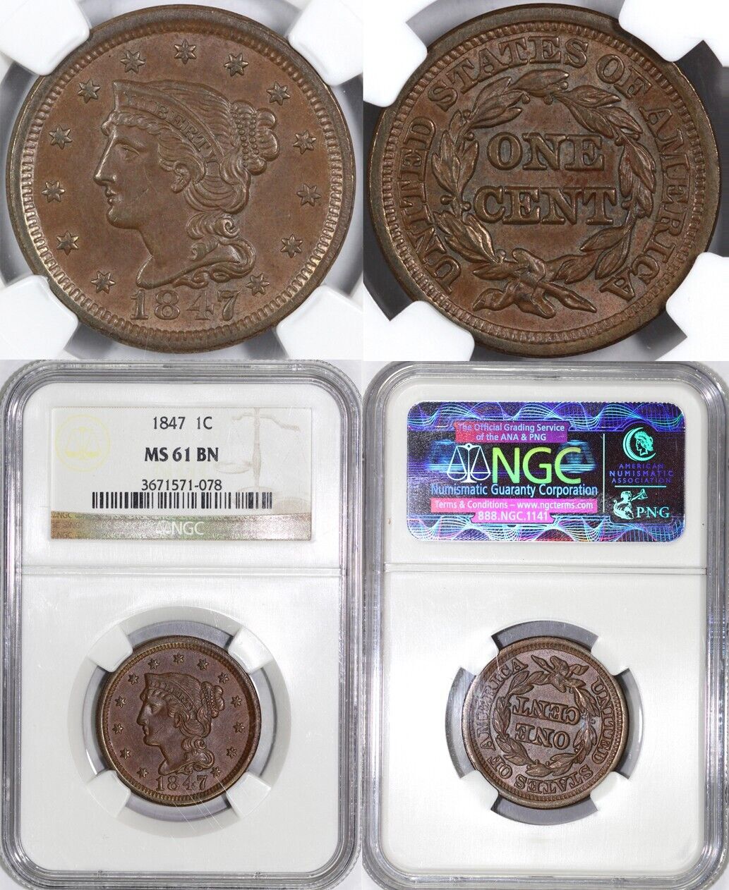 1847 1c N-5 Braided Hair Large Cent NGC MS 61