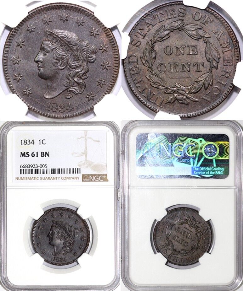 1834 1c N-6 Matron Head Large Cent NGC MS 61 BN